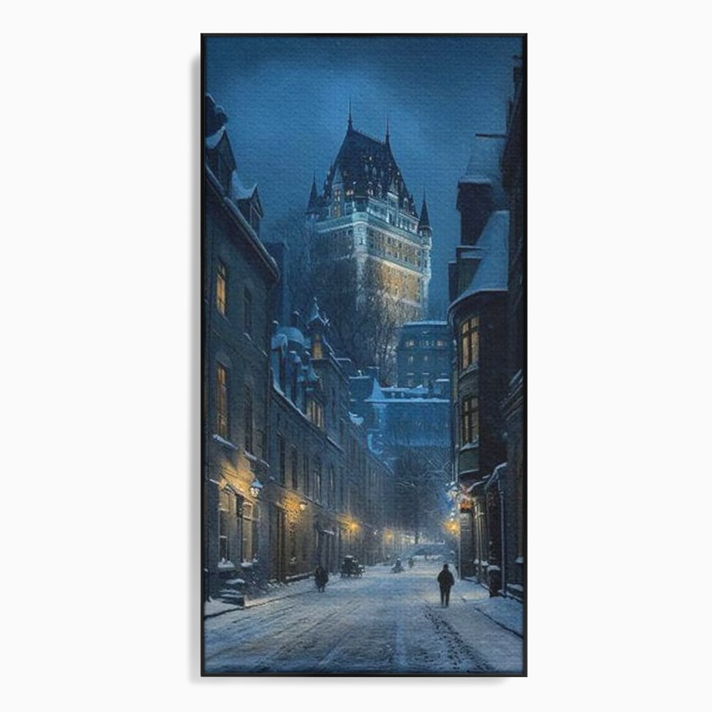 Tablou canvas cu tablou canvas cu strada iarna noaptea, in rama de aluminiu negru